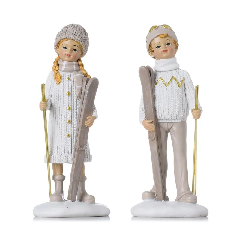 Figura copil cu schiuri 6,5x4,5x16,5cm polirășină albă | Super ofertă