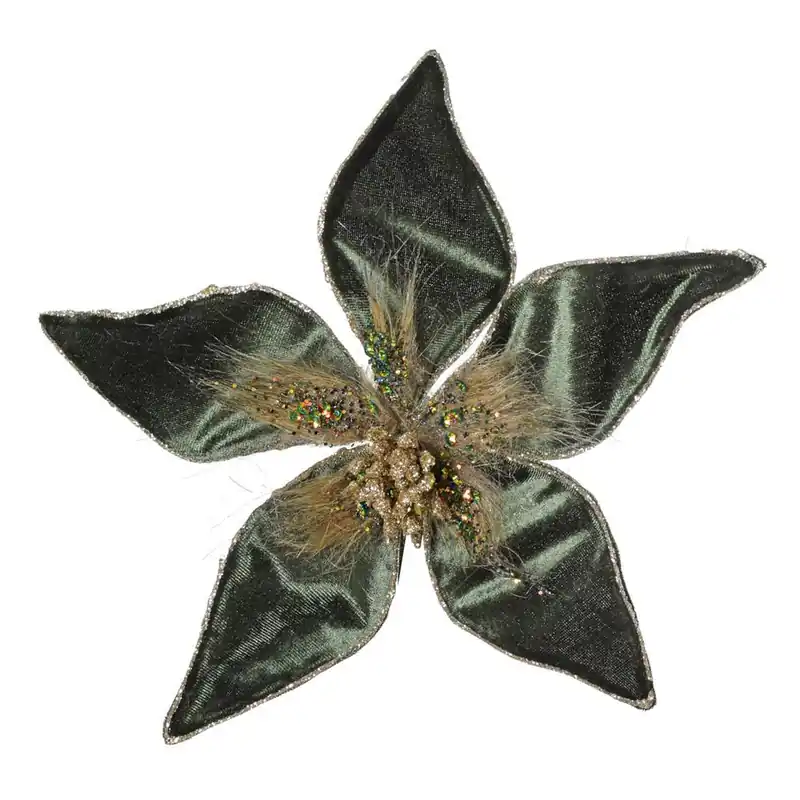 Ornament trandafir de Craciun pe clip 20cm catifea verde - În stoc