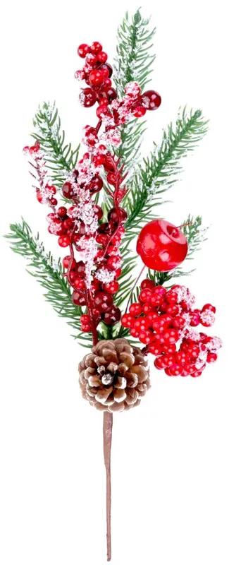 MagicHome Creangă de Crăciun, cu fructe de pădure și con de pin, roșu, zăpadă, 32 cm | Retur ușor